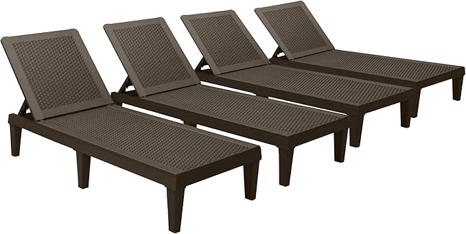 Devoko Outdoor Chaise Lounge Chair Set of 4 for Outside Pool Patio, Adjustable Waterproof Easy Assembly Chaise Lounge Outdoor (Deep Brown, Set of 4)
