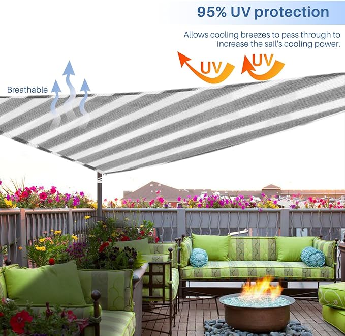 E&K Sunrise 13' x 13' x 13' Sun Shade Sail Triangle Canopy Shade Cover UV Block for Patio Backyard Garden Outdoor (Gray White Strip)