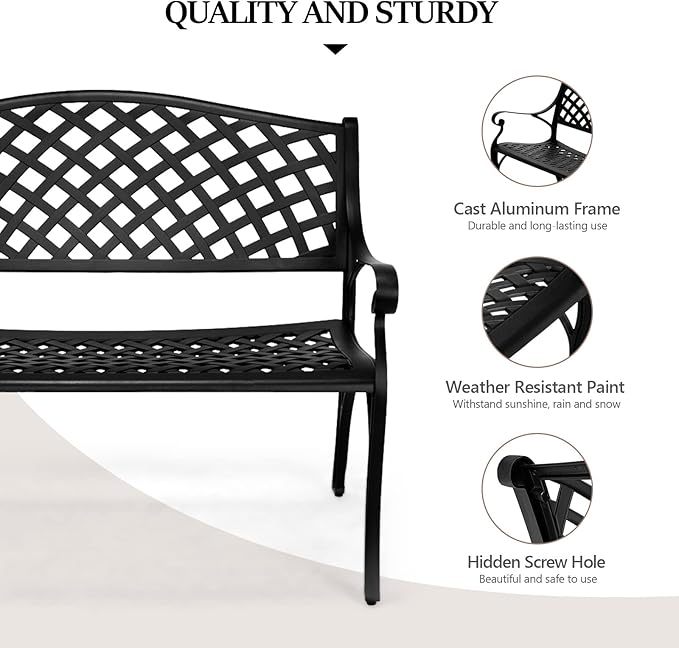VINGLI 40.5" Patio Garden Bench,Anti- Rust Cast Iron Cast Aluminum Frame for Outdoor Path Yard Lawn Work Entryway Decor Deck (Black)