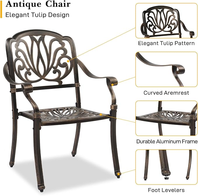 VINGLI 5 Pieces Outdoor Patio Dining Set, Cast Aluminium Patio Furniture Set with 4 Chairs and 1 Umbrella Table for Yard, Garden, Porch and Poolside, Bronze