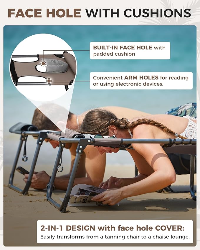 KingCamp Tanning Chair with Face Hole, Lounge Chairs Outdoor Folding Comfy Adjustable 5-Position Foldable Chaise Chaser with Canopy Shade for Outside Beach Patio Sun Bathing, Beige