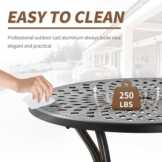 31" Round Patio Dining Table with Umbrella Hole, Cast Aluminum Bistro Table Outdoor Side Table for Backyard, Garden, Patio, Porch