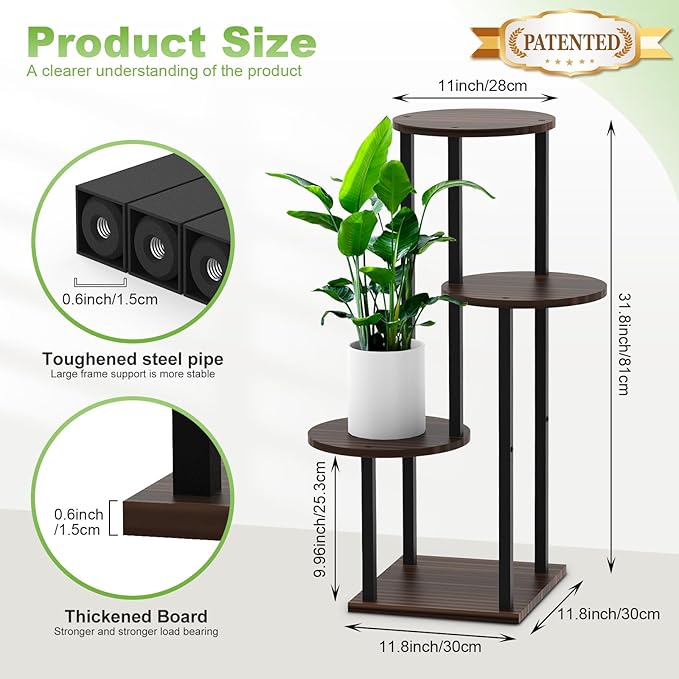 Plant Stand Indoor, 4 Tier Thickened Metal Corner Plant Shelf for Multiple Plants, Indoor Plants Tiered Flower Pot Stand for Patio Garden Balcony Living Room Bedroom(Black Oak)