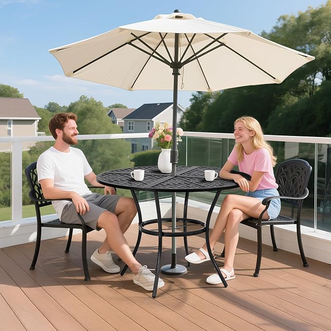 VINGLI 42" Round Outdoor Dining Table - Patio Metal Table with 1.97" Umbrella Hole, Iron Garden Table for Deck Porch Backyard, Black