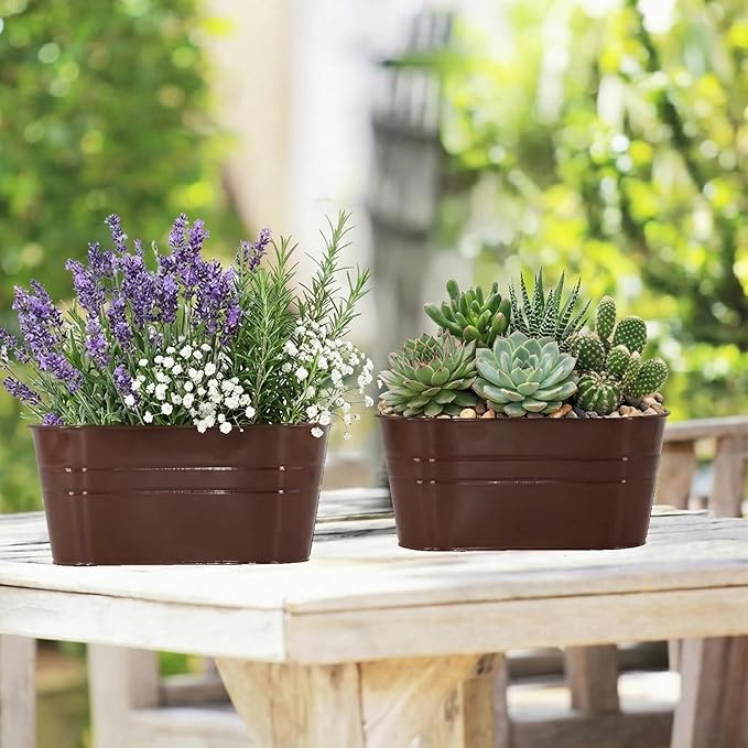 3 Pack Metal Railing Planters, 10.5" Oval Hanging Flower Pots with Detachable Hooks & Drainage Holes, Fits Rails up to 2.36", Galvanized Iron Fence Bucket for Balcony Garden Patio - Chocolate