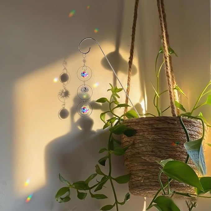 HDCRYSTALGIFTS 4 Pack Crystal Sun Catchers with 13.5'' Small Trellis for Potted Plants Indoor Plant Stake Suncatcher Decoration for Home Window Garden, Sliver