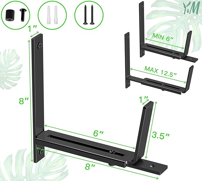 Y&M Adjustable Planter Brackets (6 to 12.5 in), Heavy Duty Iron Window Box Mounting Hooks for Balcony, Fences, Patio, Garden - Black