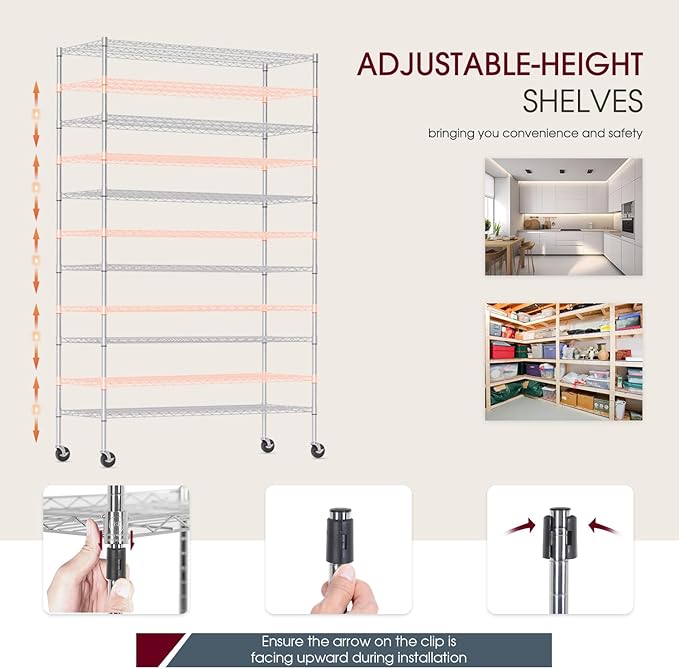 BestOffice NSF Wire Shelving Unit 6Shelf Large Storage Shelves Heavy Duty Metal Wire Rack Shelving Height Adjustable Commercial Grade Utility Steel Storage Rack Casters 6000LB Capacity-18x48x77,Chrome