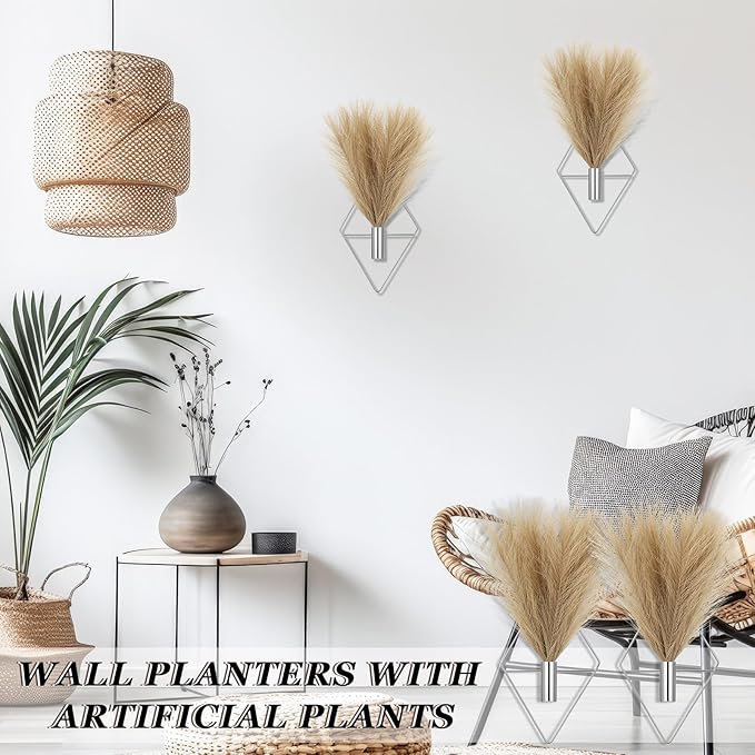 2 Pieces Boho Wall Decor Hanging Planters with Artificial Plants Metal Hanging Vase Indoor Plants Holder Modern Wall Art for Bathroom Bedroom Living Room Decor, Silver, Pampas Grass