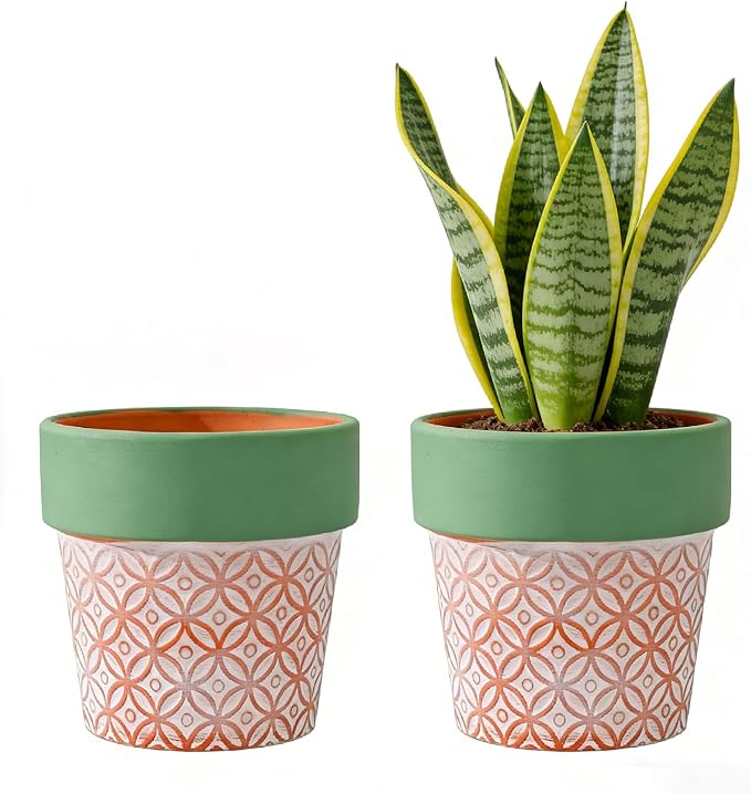 Terracotta Plant Pots Set of 2-4.7 Inch Vintage Pattern Clay Flowerpots with Green Rim & Drainage Holes, Decorative Terra Cotta Pots for Indoor Outdoor Garden Home Decor