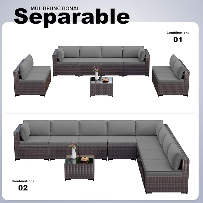 Kullavik 9 Pieces Outdoor Patio Furniture Set PE Wicker Rattan Sectional Sofa Patio Conversation Sets,Grey