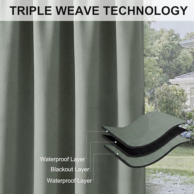 RYB HOME Extra Wide Outdoor Curtains for Patio Waterproof Heavy Duty Thermal Insulated in Summer Full Coverage Privacy for Porch, Gazebo & Pergola, W100 x L84, Sea Green, 1 Panel