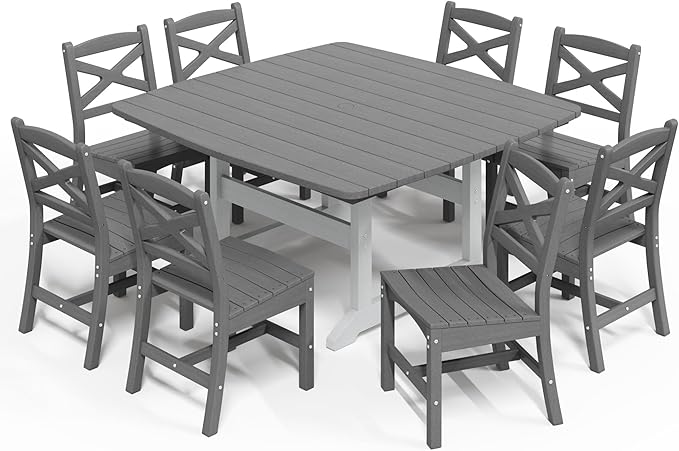 9-Piece Patio Dining Table Set, HDPE Outdoor Table and Chairs Set, All-Weather Outdoor Dining Set for 8 with Umbrella Hole, Durable Patio Furniture Set with Chairs,White Grey