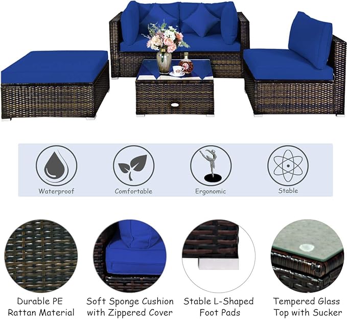Tangkula 5 Pieces Patio Rattan Furniture Set, Outdoor Sectional Rattan Sofa Set with Back & Seat Cushions, Wicker Conversation Set with Tempered Glass Table for Backyard Porch Garden Poolside (Navy)