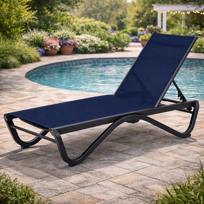 Kozyard Outdoor Chaise Lounge Chair, Full Aluminum Frame, Adjustable Reclining Patio Lounger for Poolside, Sunbathing & Backyard, Textilene (NavyBlue)