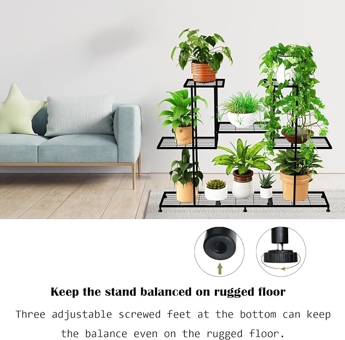 Twhep Metal Plant Stand, 5 Tiers Multifunctional Plant Stands for Indoor Plants, Decorative Black Steel Plant Shelf for Indoor Patio Garden Balcony and Yard (4 tiers 12 pots)