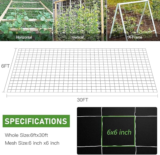 Trellis Netting, CANAGROW Heavy-Duty Garden Plant Trellis Netting for Climbing Plants, Outdoor Indoor Grow Net for Beans Tomatoes Peas Pumpkin Flowers, 6x30ft, 1 Pack