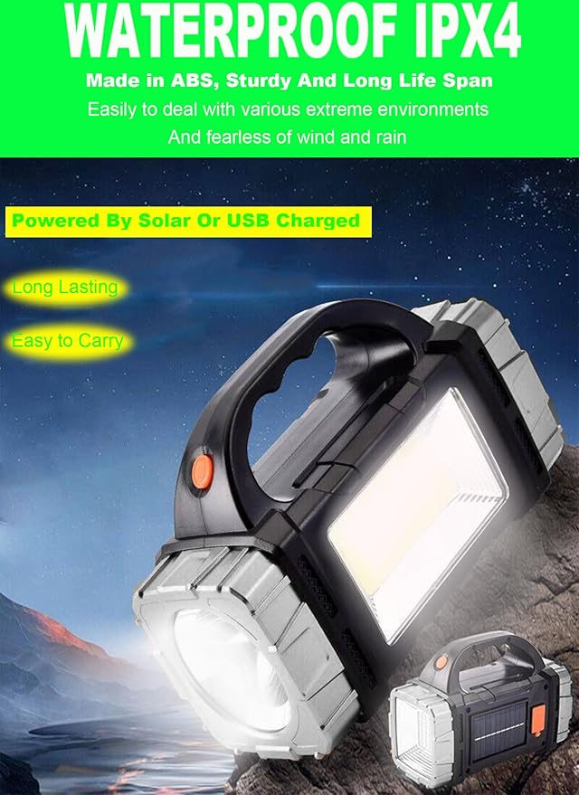 SUYOOULIN Solar Rechargeable LED Soptlight Flashlight, Super Bright 7000LM Handheld LED Searchlight, Multifunctional Camping Lantern Light, 8 Light Modes, Waterproof IPX4, for Emergency, Home