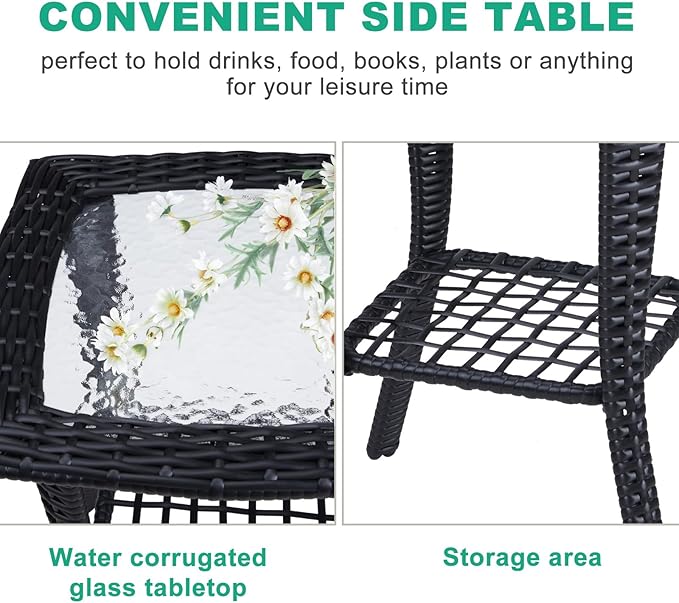 VINGLI Outdoor Side Table with Storage Wicker Patio Side Table, Tempered Glass Top End Table for Balcony Porch Deck (Black)