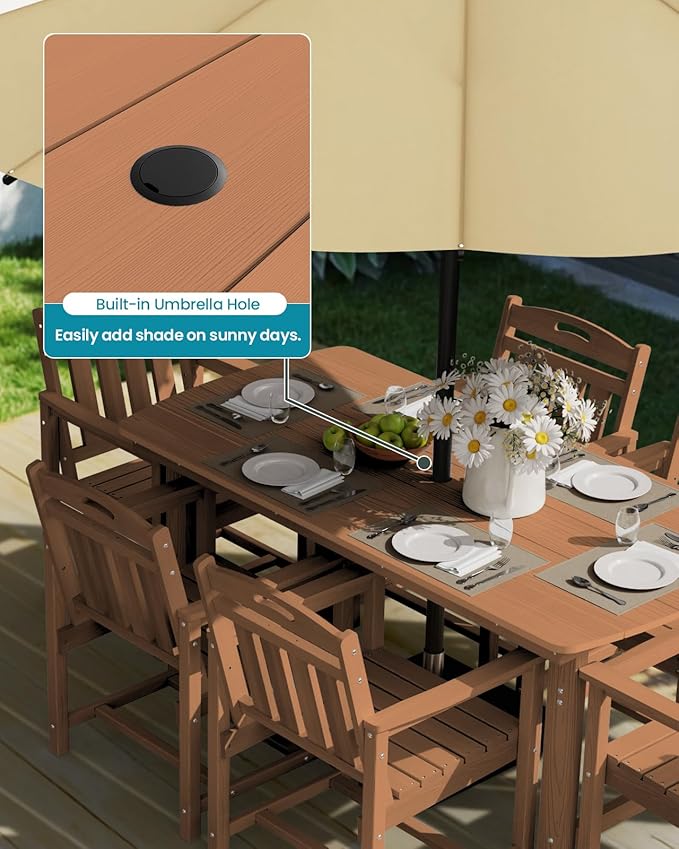 Ciokea HDPE Outdoor Dining Table with Umbrella Hole,66" Rectangle Patio Table for 6,All-Weather Outdoor Patio Furniture Set for Garden Backyard,Teak
