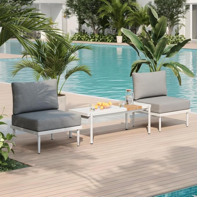 Sundale Outdoor 3 Pieces Patio Furniture Set, Metal Outdoor Sectional Sofa with Coffee Table, All-Weather Modern Outdoor Conversation Sets for Balcony, Porch, Poolside, Sunroom