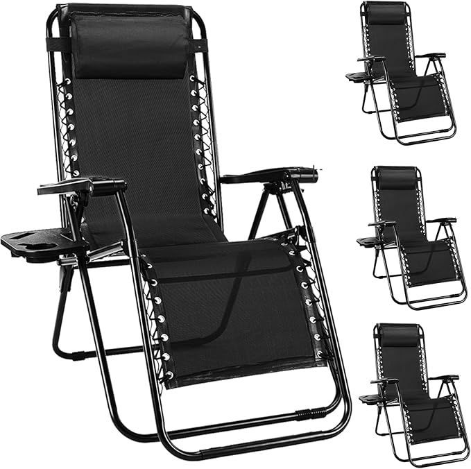 NEWBULIG Zero Gravity Chair Set of 4, Lounge Chair Folding Portable Adjustable Camping Reclining Chairs with Adjustable Pollow, Mesh Back, Cup Holder Trays Lawn Patio Chair for Pool Beach - Black