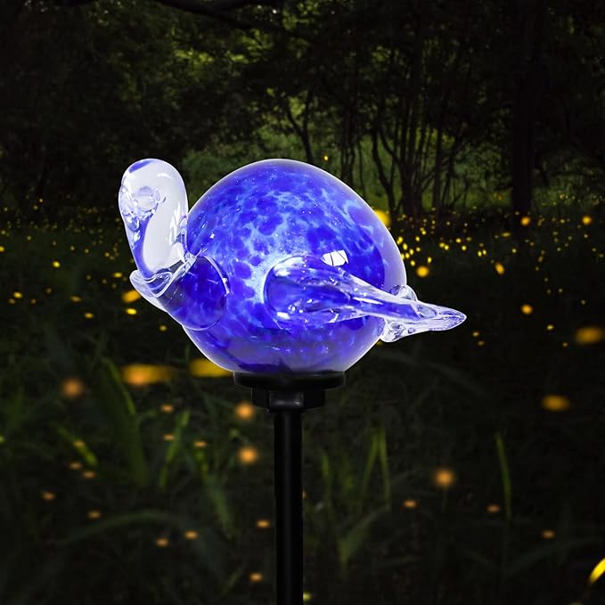 Afirst Decorative Solar Lights Outdoor Solar Turtle Stake Lights Hand Blown Glass Decorative Garden Pathway Light Outdoor Waterproof Glass Stakes Blue