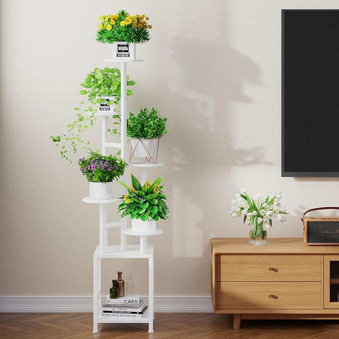 Plant Stand Indoor with Grow Light, 6-Tiered Tall Plant Stand Indoor, Metal Plant Shelf with Hanging Basket Hook and Adjustable Light, Ideal for Living Room, Garden, Round Patio white