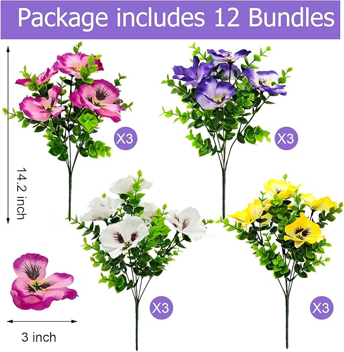 Pansies Artificial Flowers for Outdoors UV Resistant 12 Bundles Silk Pansy Plastic Fake Plants Flowers for Home Outside Garden Window Box Patio Planter Porch Decor (Mixed Color1)