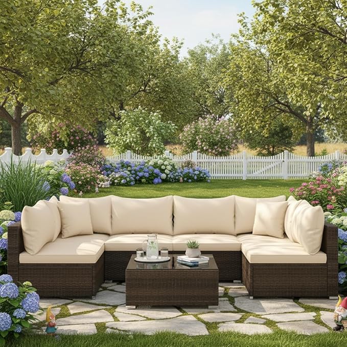 Tangkula 7 Pieces Wicker Patio Furniture Set, All-Weather Outdoor Rattan Sectional Sofa Set with Cushions & Tempered Glass Coffee Table, Outside Sofa Set for Garden, Lawn, Deck, Backyard