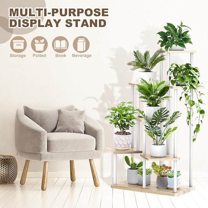 7 Tier Plant Stand Indoor, Thickened Metal Wood Corner Plant Shelf Stands for Multiple Plants, Indoor Tall Plants Stand Tiered Flower Holder for Living Room Patio Garden Balcony(White+Oak)