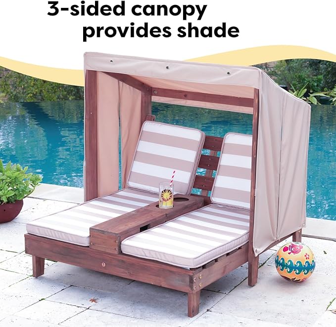KidKraft Wooden Outdoor Double Chaise Lounge with Cup Holders, Patio Furniture for Kids or Pets, Espresso with Oatmeal and White Striped Fabric