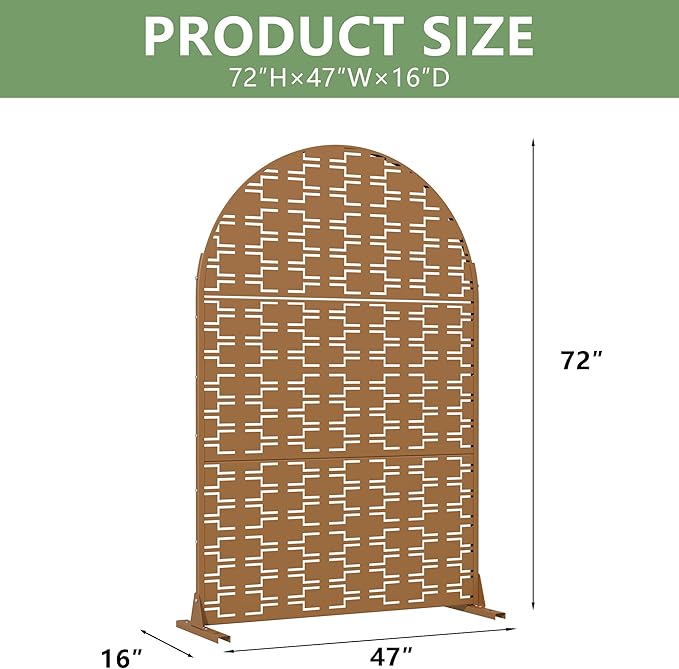 Casaphoria Metal Arched Privacy Screen Outdoor, 72" H x 47" W Freestanding Decorative Privacy Screen for Patio Deck Balcony Garden with Stable Base, Brown-Brick