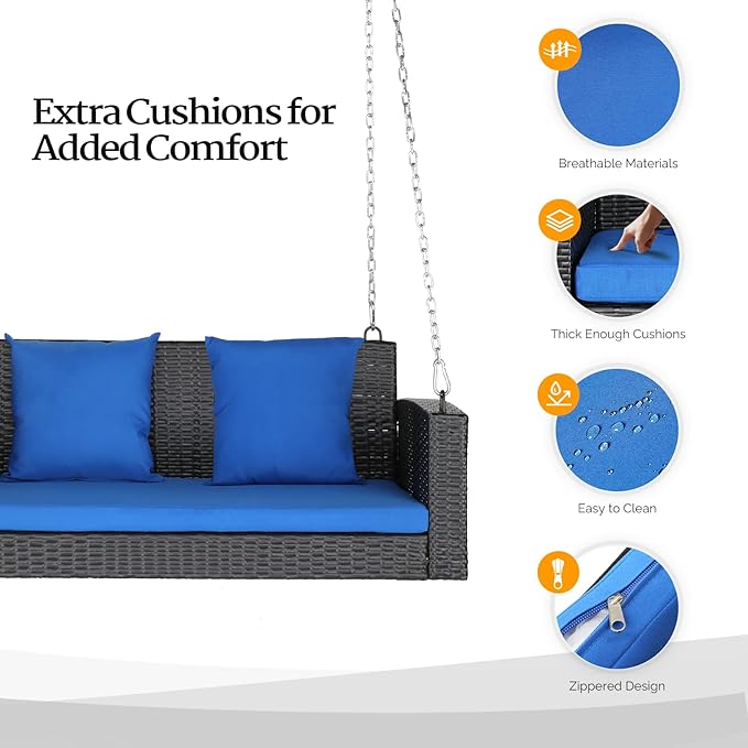 VINGLI Heavy Duty 800 LBS Wicker Hanging Porch Swing with Cushions & Chains, 4FT Outdoor Rattan Swing Bench for Garden, Yard, Lawn (Black+Blue)