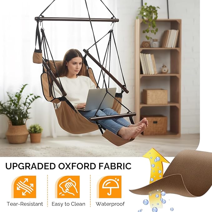 ONCLOUD Upgraded Unique Hammock Hanging Sky Chair, Air Deluxe Swing Seat with Rope (Tan)