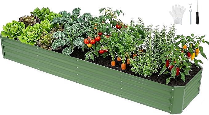 INNO STAGE 8×2×1ft Galvanized Raised Garden Bed Kit, Galvanized Planter Raised Garden Boxes Outdoor, Large Metal Raised Garden Beds for Vegetables, Flowers, Herbs, and Succulents, OliverGreen
