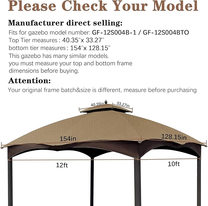 SCOCANOPY Khaki Ripstop Replacement Top for Lowe's Allen Roth 10X12 Gazebo Model #GF-12S004B-1/ GF-12S004BTO