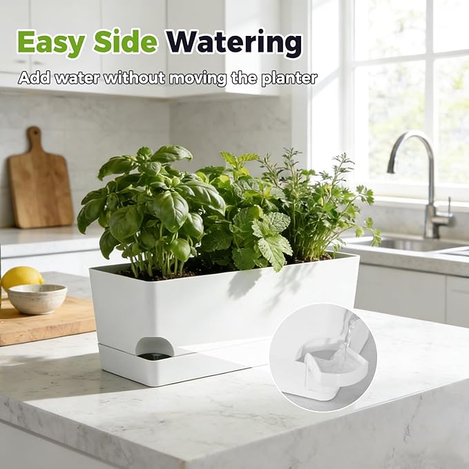 4 Pack Self Watering Pots for Indoor Plants 17 Inches Window Boxes Planters Rectangular Flower Pots Rectangle Herb Pots Large Plant Pots with Drainage Holes and Saucers Windowsill Planter, White