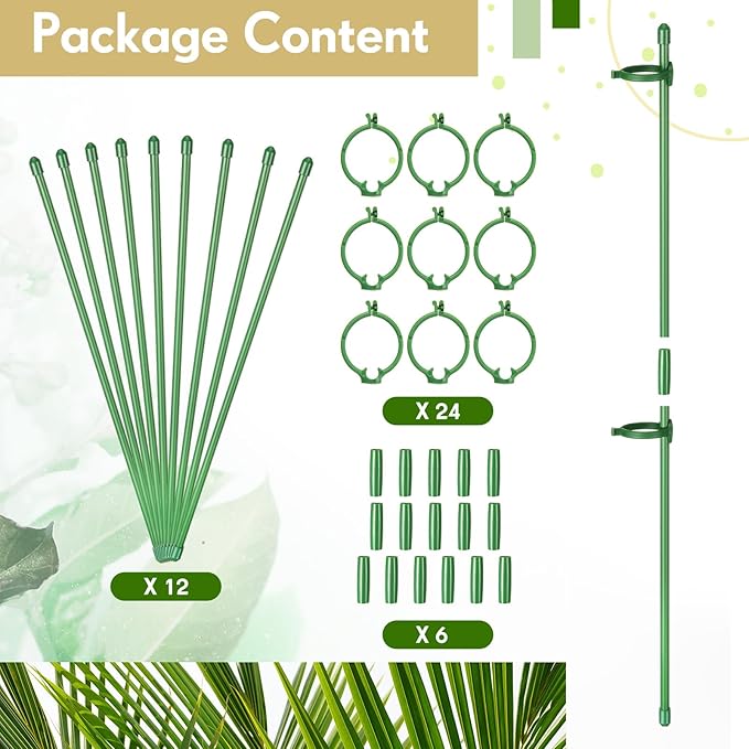 meekoo 12 Pcs Adjustable Garden Plant Support Stakes Single Stem Plant Cage Support Rings with Clips and Connect Pipe for Orchid Rose Tomato, 12 Inch (Green)