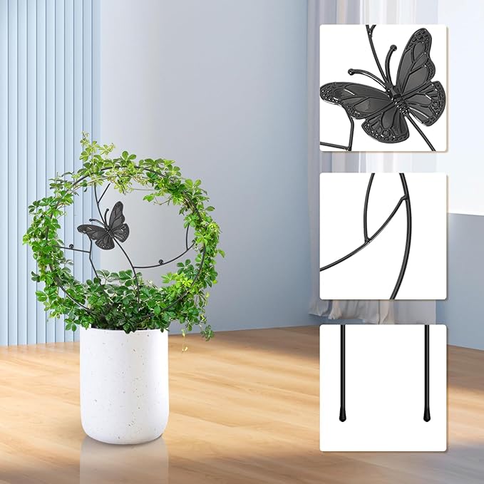 3Pack Trellis for Climbing Plants Indoor, Rust-Proof Trellis for Indoor Potted Plants Round Circle Trellis with Butterfly Houseplant Metal Wire Trellis for Vine Ivy Flower Plant Support