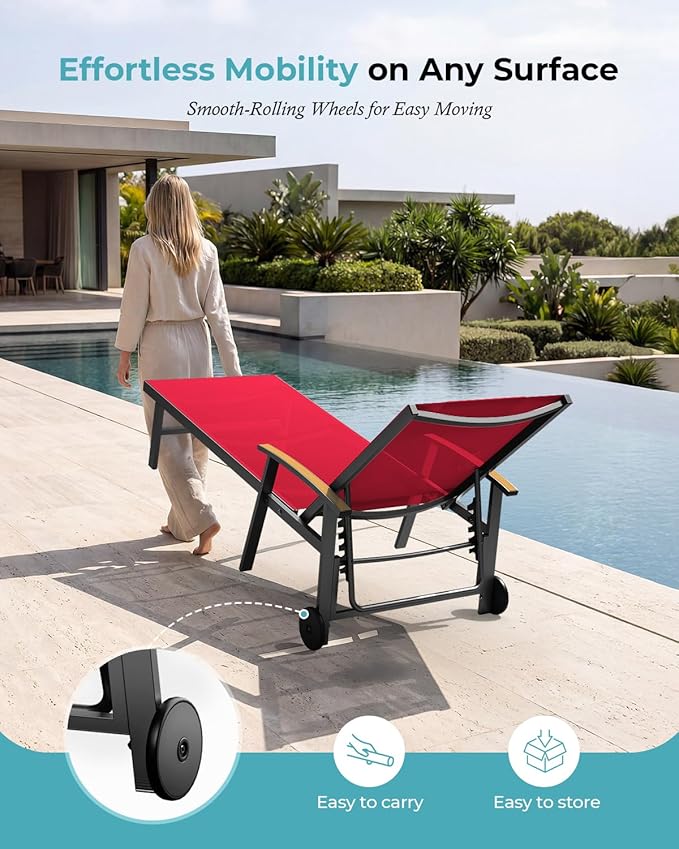 Ciokea Outdoor Lounge Chair with Pillow, 5-Position Aluminum Chaise Lounge with Wheels & Armrests, 400 lbs Heavy Duty Patio Pool Chair for Deck, Backyard, Beach & Poolside, Red