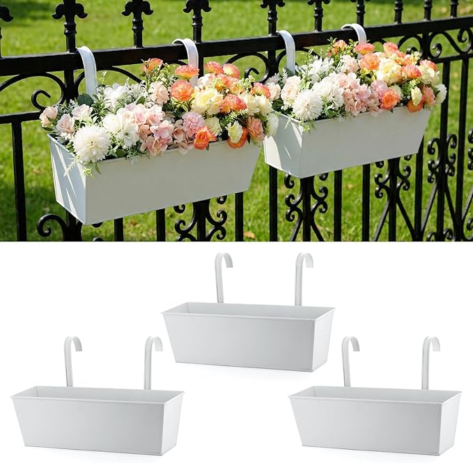 3 Pack Metal Railing Planters, 16 Inch Large Rectangular Hanging Flower Pots with Detachable Hooks & Drainage Holes, Fits Rails up to 2.5", Galvanized Iron Window Box for Balcony Garden - White