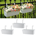 3 Pack Metal Railing Planters, 16 Inch Large Rectangular Hanging Flower Pots with Detachable Hooks & Drainage Holes, Fits Rails up to 2.5", Galvanized Iron Window Box for Balcony Garden - White