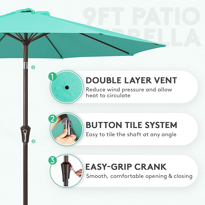 JEAREY 9FT Outdoor Patio Umbrella Market Umbrella with Push Button Tilt and Crank, Outdoor Table Umbrellas 8 Sturdy Ribs UV Protection Waterproof for Garden, Deck, Backyard, Pool (Teal)