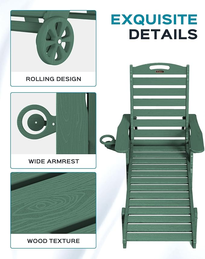 Ciokea Lounge Chair Outdoor, Oversized Chaise Lounge Chair with 5 Positions, HDPE, Patio Lounge Chair with Wheels & Cup Holder for Pool, Deck, Poolside, Green