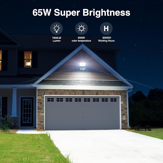 Onforu 65W LED Flood Lights Outdoor with Knuckle Mount, 7800LM Super Bright Garage Security Lights, IP66 Waterproof, 6500K Outside led Lights for Yard, Garage, Garden 2 Pack