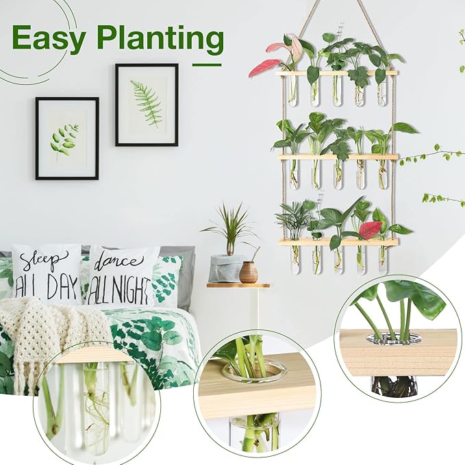 XXXFLOWER Wall Hanging Propagation Station with Wooden Stand 5 Glass Test Tubes 3 Tiers Planters Wall Terrarium for Home Office Plant Hanger Flower Vases Wall Decor Hydroponic Cuttings