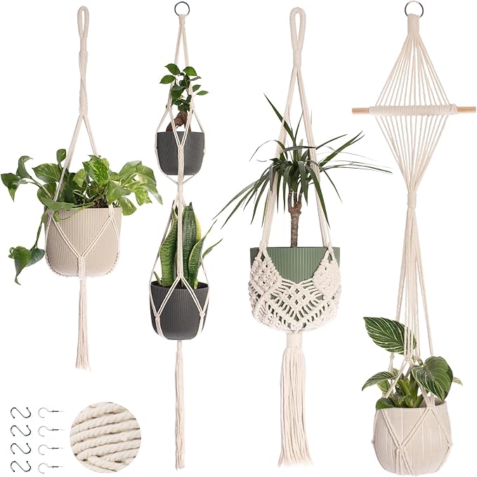 Nook Theory 4-Pack Macrame Plant Hangers with 8 Hooks - Hanging Planters for Indoor Plants, Boho Macrame Hangers Indoor Outdoor, Decorative Plant Hanger Indoor (Cream)