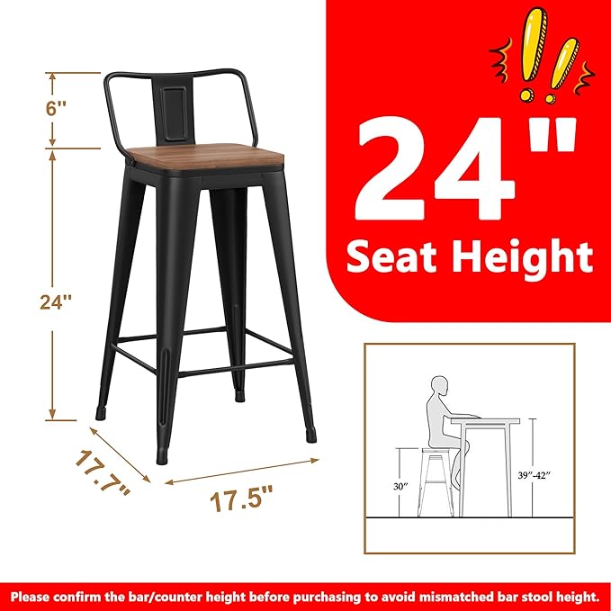 WENTMENT Metal Bar Stools Set of 4 Counter Height Barstools with Removable Back 24" Kitchen Bar Stools with Wooden Seat, Black