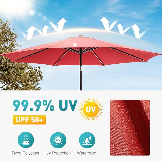 OLIXIS 9ft Patio Umbrella with Tilt and Crank Button & 8 Sturdy Ribs Waterproof, Patio Table Umbrella Perfect for Poolside, Terrace, Beach and Outdoor Restaurant, Red